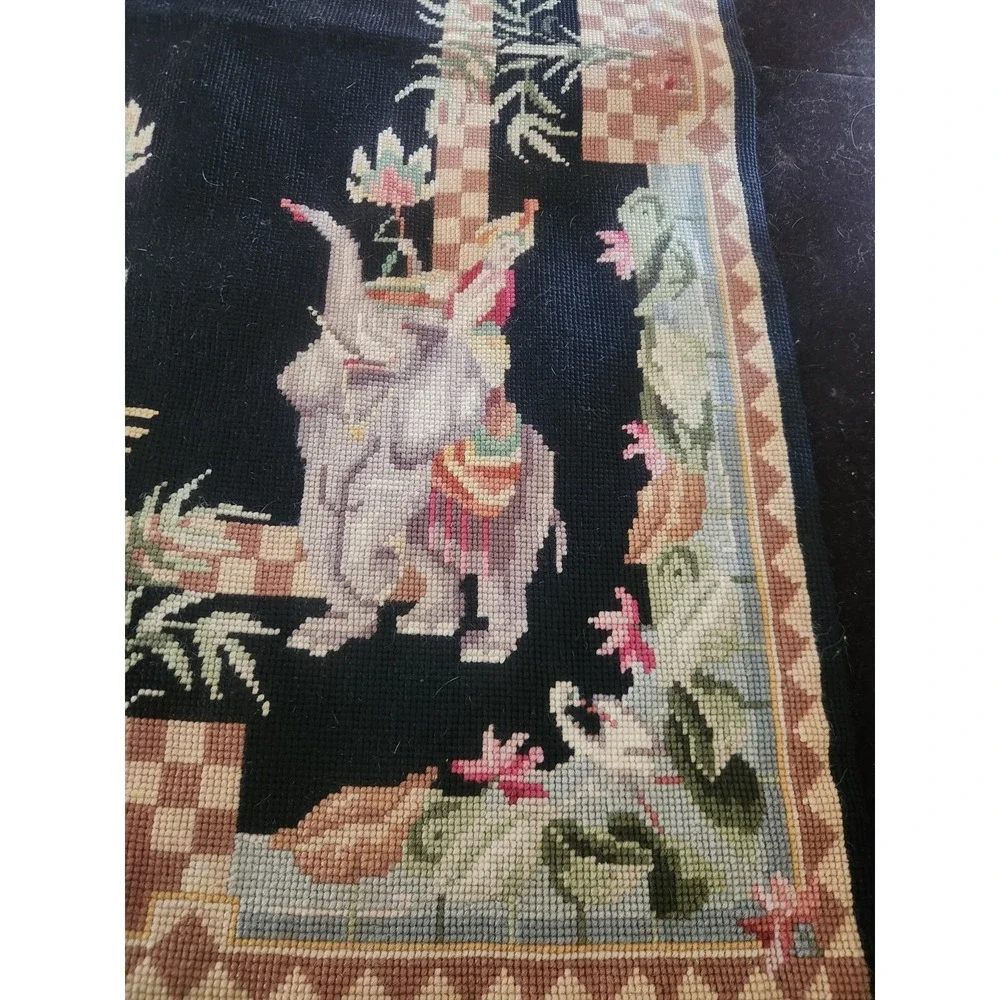 Vintage 2x3 French Handmade Aubusson Rug Black‎ Elephant